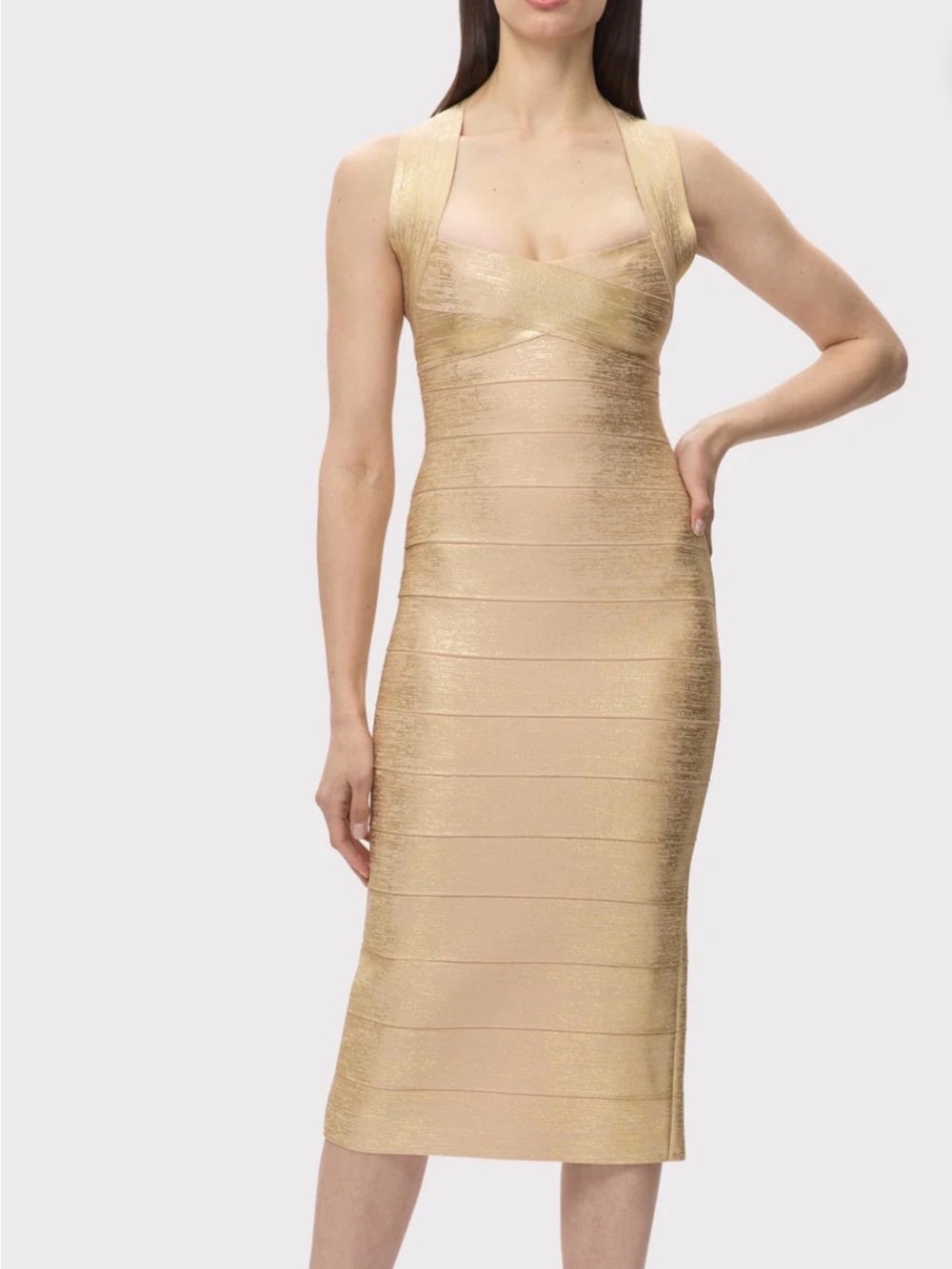 Herve Leger Metallic Gold Bandage Midi Dress